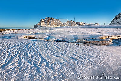 Amazing winter scenery on Uttakleiv beach at morning Stock Photo
