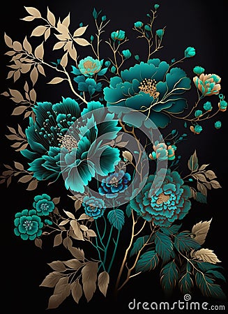 Amazing wonderful flowers, turquoise blue and turquoise green and gold japan ink and black background Cartoon Illustration