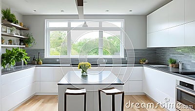 Amazingly bright kitchen in a contemporary house with a window. Stock Photo