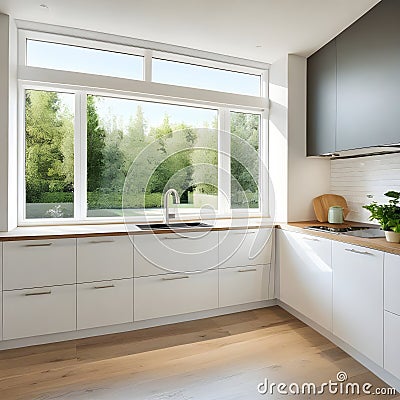 Amazingly bright kitchen in a contemporary house with a window. Stock Photo