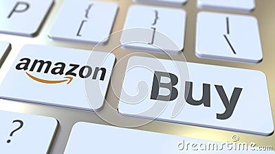AMAZON company logo and Buy text on the keys of the computer keyboard, editorial conceptual 3D rendering Editorial Stock Photo