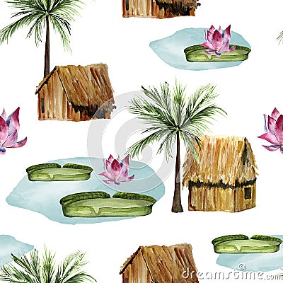 Amazon jungle, huts, river, water lily and lotus watercolor seamless pattern Cartoon Illustration