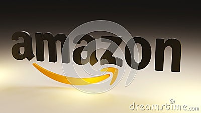 Amazon logo and font in isometric view on dark background. 3D render. Editorial Stock Photo