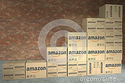 AMAZON logo on many boxes composing a rising bar chart. Editorial business success concept. 3D rendering Editorial Stock Photo