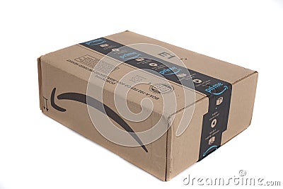 An Amazon Prime Package against a white background Editorial Stock Photo