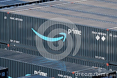 Amazon Prime shipping containers stacked with logo and brand Editorial Stock Photo