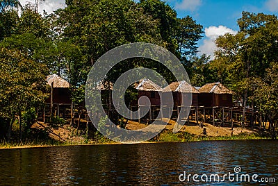 Amazon river, Manaus, Amazonas, Brazil: Amazon landscape with beautiful views. Wooden houses on an island on the Amazon river in Stock Photo