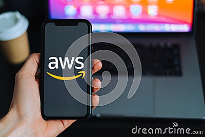 Amazon Web Services logo on the smartphone screen Editorial Stock Photo