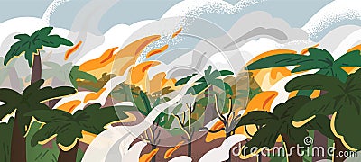 Amazonian forest fire panorama flat vector illustration. Tropical environment destruction, natural disaster Vector Illustration