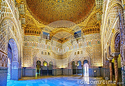 The Ambassadors Hall in King Pedro I Palace of Alcazar complex in Seville, Spain Editorial Stock Photo