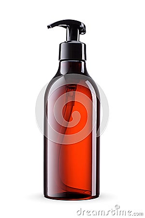 Amber brown pump plastic bottle of liquid soap isolated on white Stock Photo