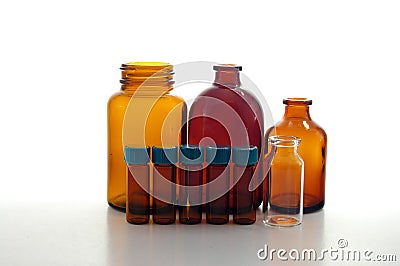 Amber and clear bottles and vials. Stock Photo