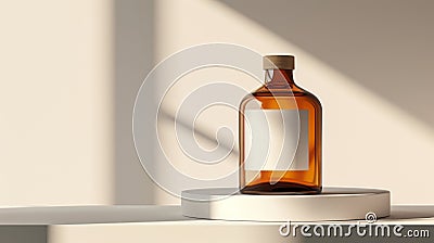 Amber glass bottle with blank label on pedestal in natural light, minimalistic aesthetic, product display concept Stock Photo