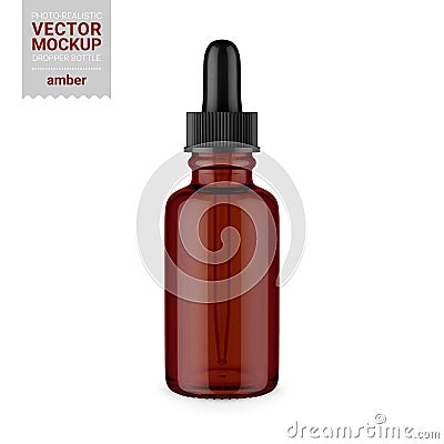 Amber glass dropper bottle mockup. Vector illustration Cartoon Illustration