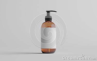 Amber Glass Pump Bottle Mock-Up - Liquid Soap, Shampoo Dispenser - One Bottle. Blank Label. 3D Illustration Stock Photo