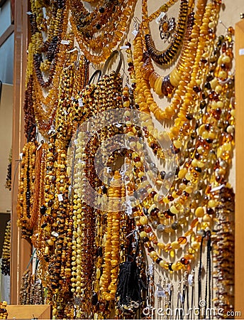 Amber necklaces and beads for sale at cracow christmas market Stock Photo