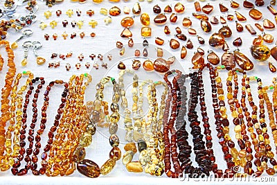 Amber necklaces and earrings in a shop in Vilnius, Lithuania Stock Photo
