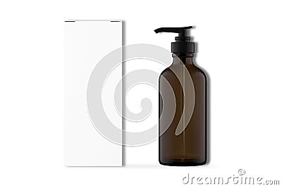 Amber pump glass bottle mockup with box packaging Stock Photo