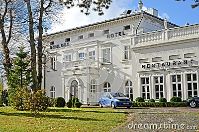 AMBER, RUSSIA. A facade of hotel and Schloss Hotel restaurant in autumn day. Kaliningrad region Editorial Stock Photo