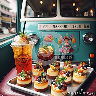 Mini cheesecakes sit in front of traveling teahouse Stock Photo