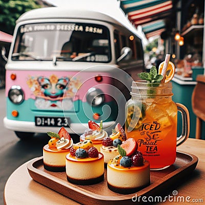 Mini cheesecakes sit in front of traveling teahouse Stock Photo