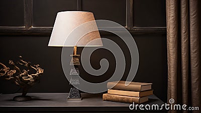 an ambient room with a wooden table with lamp, books, and plants, redefined classic lighting Cartoon Illustration