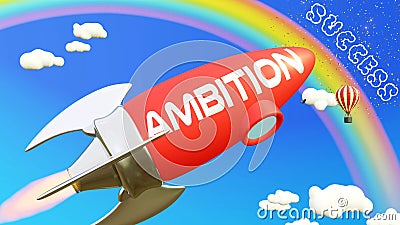 Ambition lead to achieving success in business and life. Cartoon rocket labeled with text Ambition, flying high in the blue sky to Stock Photo