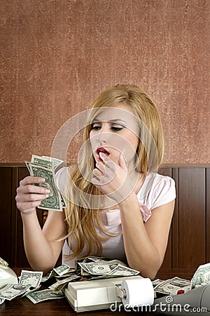 Ambition retro woman lots of dollar money notes Stock Photo