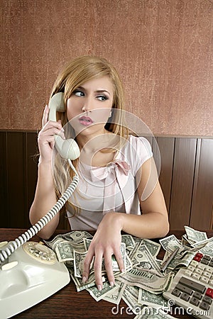 Ambition retro woman lots of dollar money notes Stock Photo