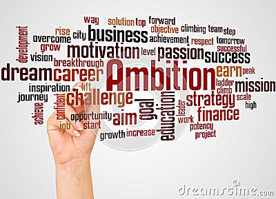 Ambition word cloud and hand with marker concept Stock Photo