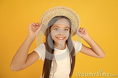 Ambitious and beautiful. she loves vintage. teen girl summer fashion. little beauty in straw hat. beach style for kids Stock Photo