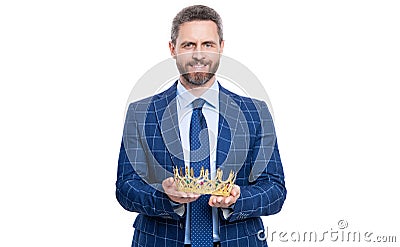 Ambitious businessman in formalwear and crown. Successful businessman with crown. Business success and reward Stock Photo