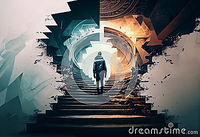 Ambitious man climbing stairs to meet incoming challenge and life opportunity. Double exposure. The high stair represents the Cartoon Illustration