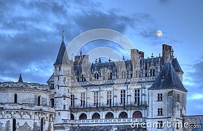Amboise Castle with The Moon Above Stock Photo