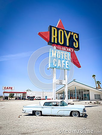 Amboy, Arizona, April 18th, 2023 Traditional sign on the Route 66 aat Amboy with coffee and petrol station Editorial Stock Photo