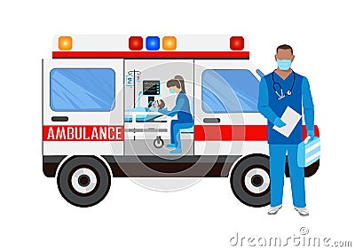 Paramedics assist a patient in an ambulance Vector Illustration