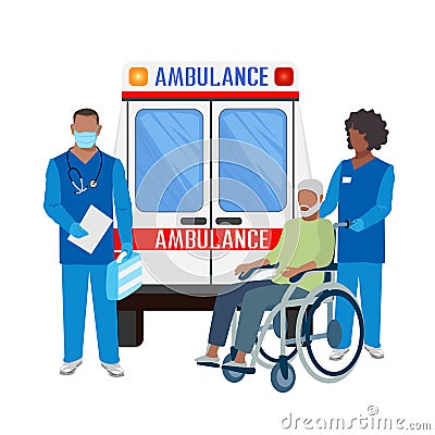 Paramedics assist a patient in an ambulance Vector Illustration