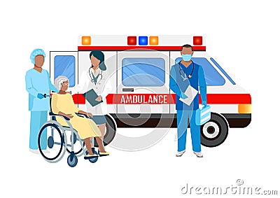 Paramedics assist a patient in an ambulance Vector Illustration