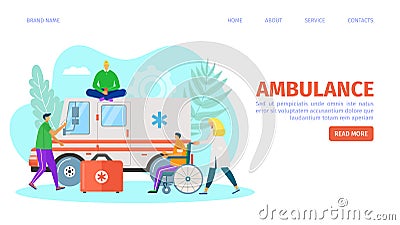 Ambulance car, landing page vector illustration. Man people character near emergency transport, medical help for cartoon Vector Illustration