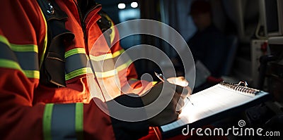 Ambulance car's side view: Man diligently takes notes, documenting the unfolding situation. Stock Photo