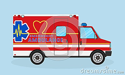 Ambulance car side view. Emergency medical service vehicle with heart shape, cardio pulse and medic sign. Vector Illustration