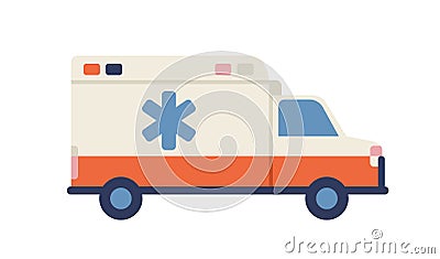 Ambulance car with star of life emblem. Medical emergency vehicle. Side view of paramedic van. Rescue truck of medic Vector Illustration