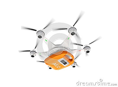 Ambulance drone delivers AED kit for emergency medical care concept. Stock Photo