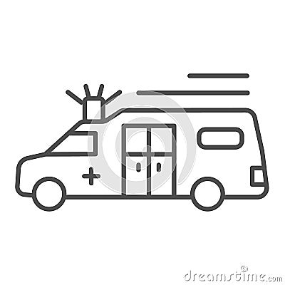 Ambulance emergency thin line icon, medical concept, urgent transportation with siren sign on white background, hurrying Vector Illustration