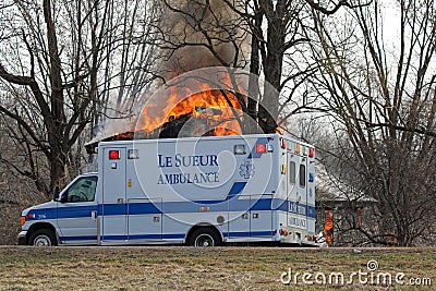 Ambulance at a Fire Department Training Fire Editorial Stock Photo