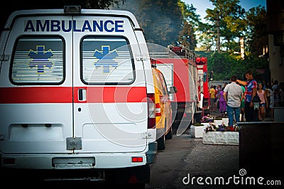 Ambulance, fire truck and other emergency cars in row - back view Editorial Stock Photo