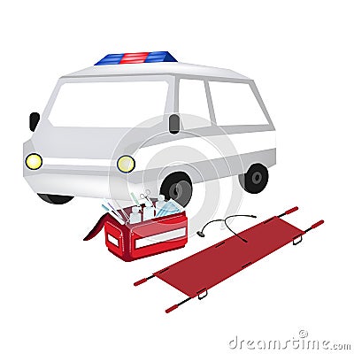 Ambulance and First Aid Box with Medical Supplies Vector Illustration