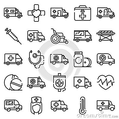 Ambulance icons set, outline style Vector Illustration