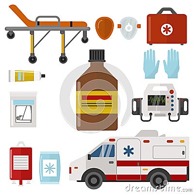 Ambulance icons medicine health emergency hospital urgent pharmacy medical support paramedic treatment vector Vector Illustration