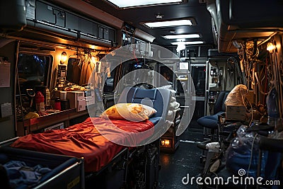 Ambulance interior with a bed and a monitors, many medical devices. No people, empty Stock Photo